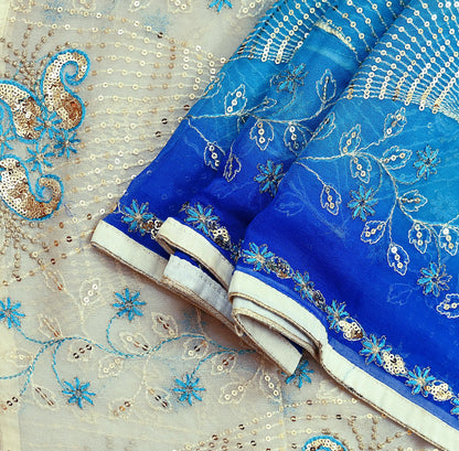 Indian Vintage Dupatta Blue & Ivory Pure Georgette silk Long Stole Embroidered Scarves Stole Veil Wrap Sequins Zari