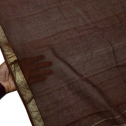 Indian Vintage Dupatta Brown Long Stole Hand Woven Pure Chanderi Silk Scarves Veil Zari Soft Fringes Scarf Wrap Boho