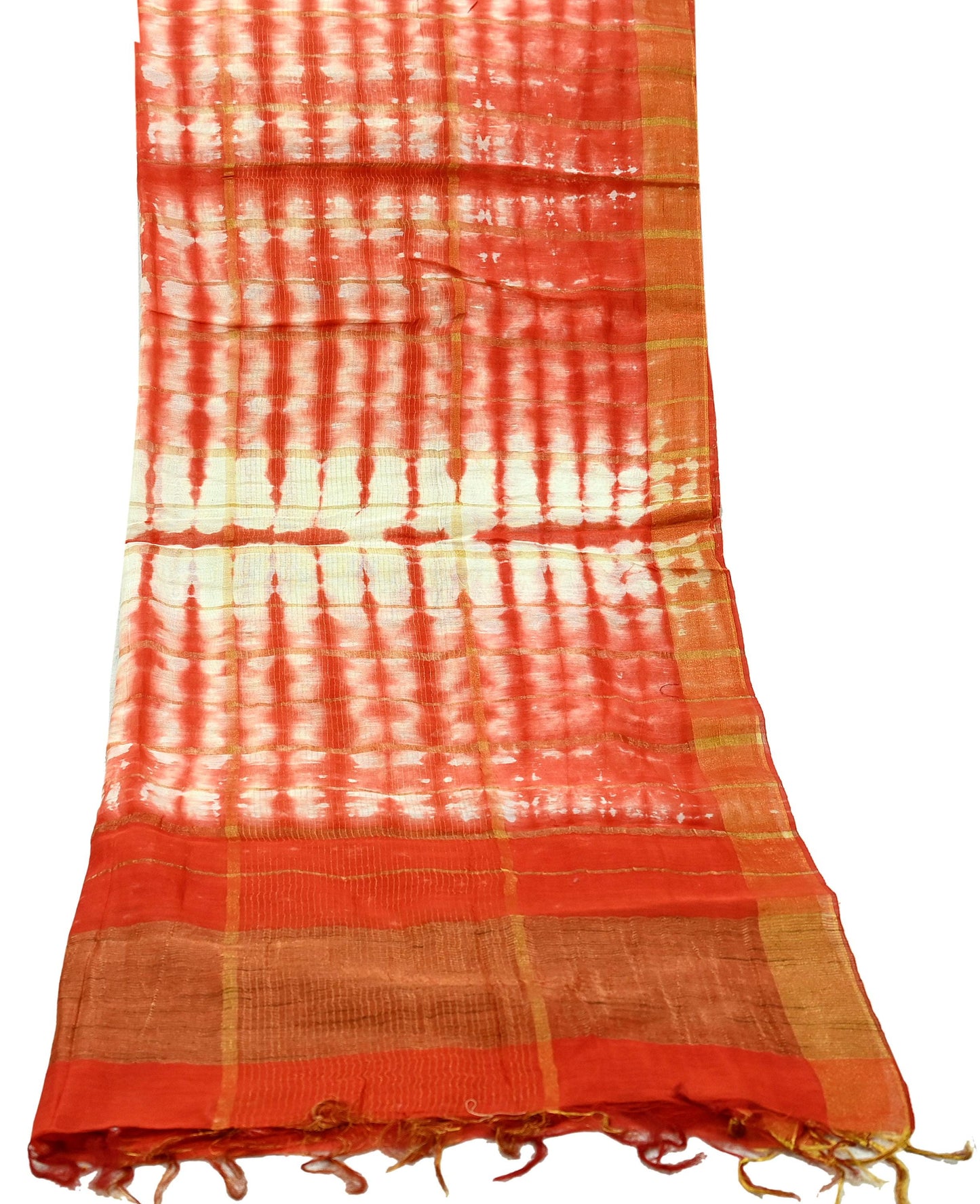 Indian Vintage Dupatta Orange & White Long Stole Hand Tie-Dye Pure Chanderi Silk Scarves Veil Zari Soft Fringes Scarf Wrap Boho