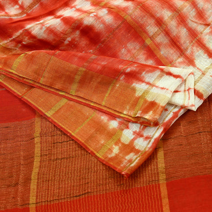 Indian Vintage Dupatta Orange & White Long Stole Hand Tie-Dye Pure Chanderi Silk Scarves Veil Zari Soft Fringes Scarf Wrap Boho