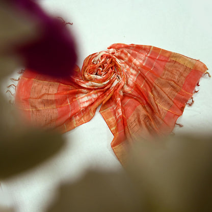 Indian Vintage Dupatta Orange & White Long Stole Hand Tie-Dye Pure Chanderi Silk Scarves Veil Zari Soft Fringes Scarf Wrap Boho
