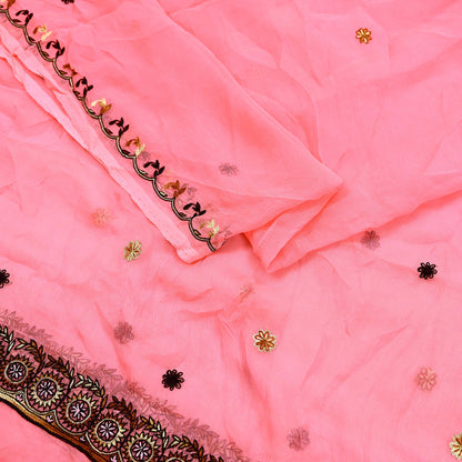 Indian Vintage Peach Dupatta Pure Chiffon silk Long Stole Hand Embroidered Scarves Floral Design Stole Veil Wrap Zari Zardozi