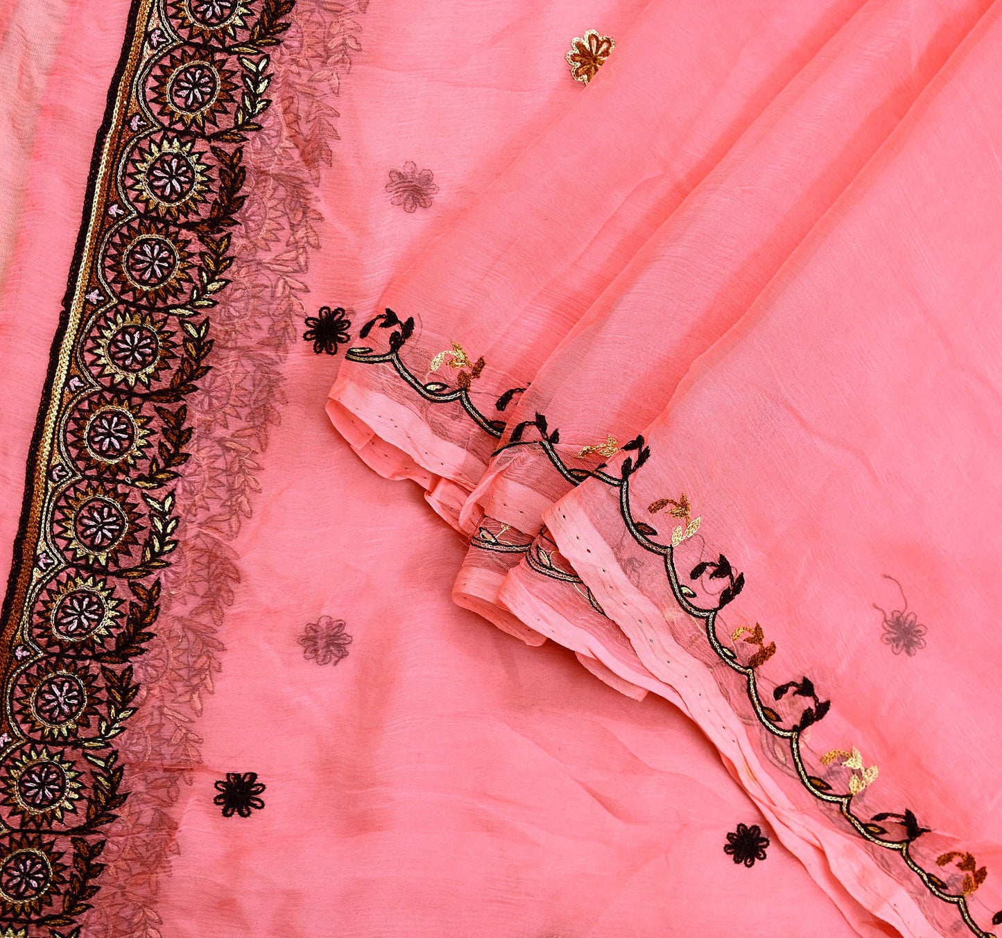 Indian Vintage Peach Dupatta Pure Chiffon silk Long Stole Hand Embroidered Scarves Floral Design Stole Veil Wrap Zari Zardozi