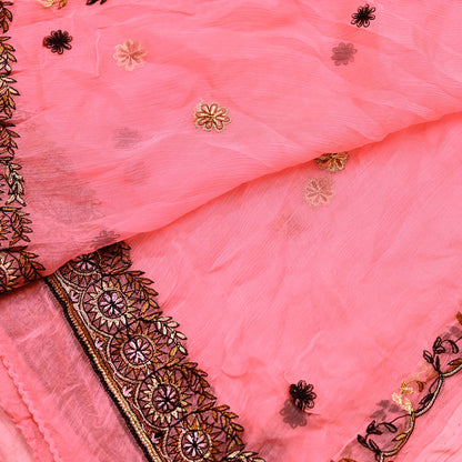 Indian Vintage Peach Dupatta Pure Chiffon silk Long Stole Hand Embroidered Scarves Floral Design Stole Veil Wrap Zari Zardozi