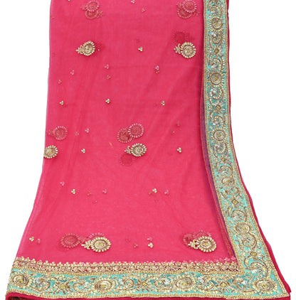 Indian Vintage Heavy Bridal Dupatta Pink Net Mesh Long Stole Hand Embroidered Scarves Silver Zardozi Dabka Zari Sequins Wedding Dupatta