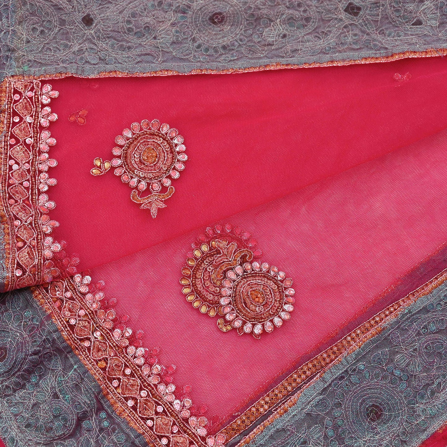 Indian Vintage Heavy Bridal Dupatta Pink Net Mesh Long Stole Hand Embroidered Scarves Silver Zardozi Dabka Zari Sequins Wedding Dupatta