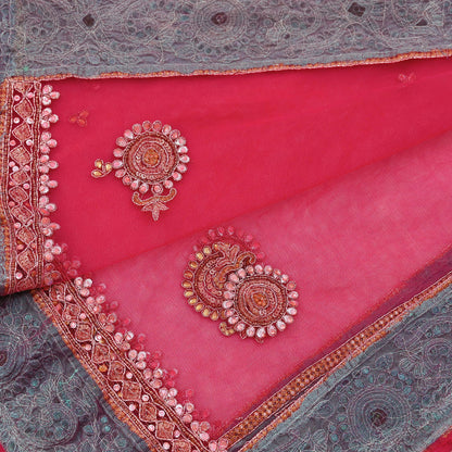 Indian Vintage Heavy Bridal Dupatta Pink Net Mesh Long Stole Hand Embroidered Scarves Silver Zardozi Dabka Zari Sequins Wedding Dupatta