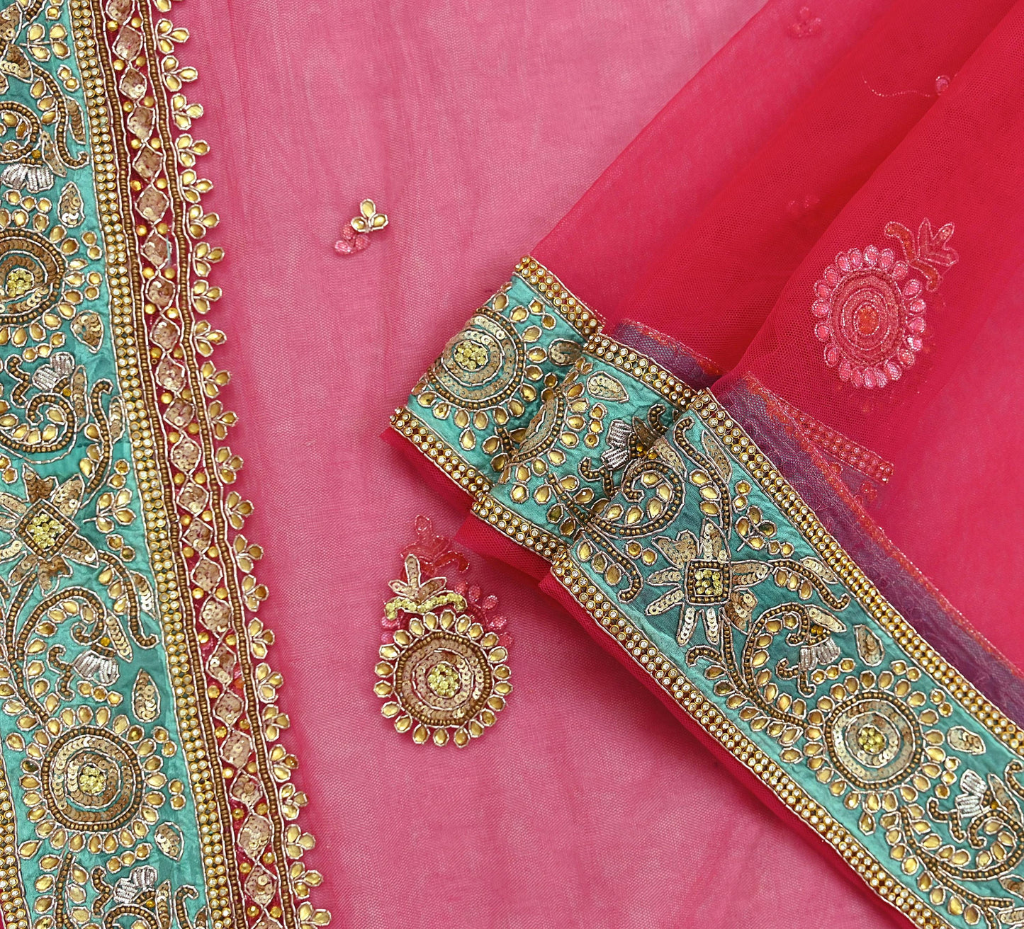 Indian Vintage Heavy Bridal Dupatta Pink Net Mesh Long Stole Hand Embroidered Scarves Silver Zardozi Dabka Zari Sequins Wedding Dupatta