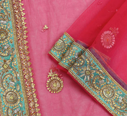 Indian Vintage Heavy Bridal Dupatta Pink Net Mesh Long Stole Hand Embroidered Scarves Silver Zardozi Dabka Zari Sequins Wedding Dupatta