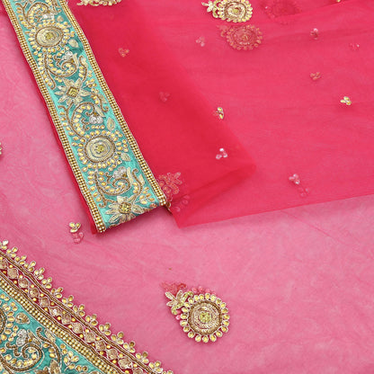 Indian Vintage Heavy Bridal Dupatta Pink Net Mesh Long Stole Hand Embroidered Scarves Silver Zardozi Dabka Zari Sequins Wedding Dupatta