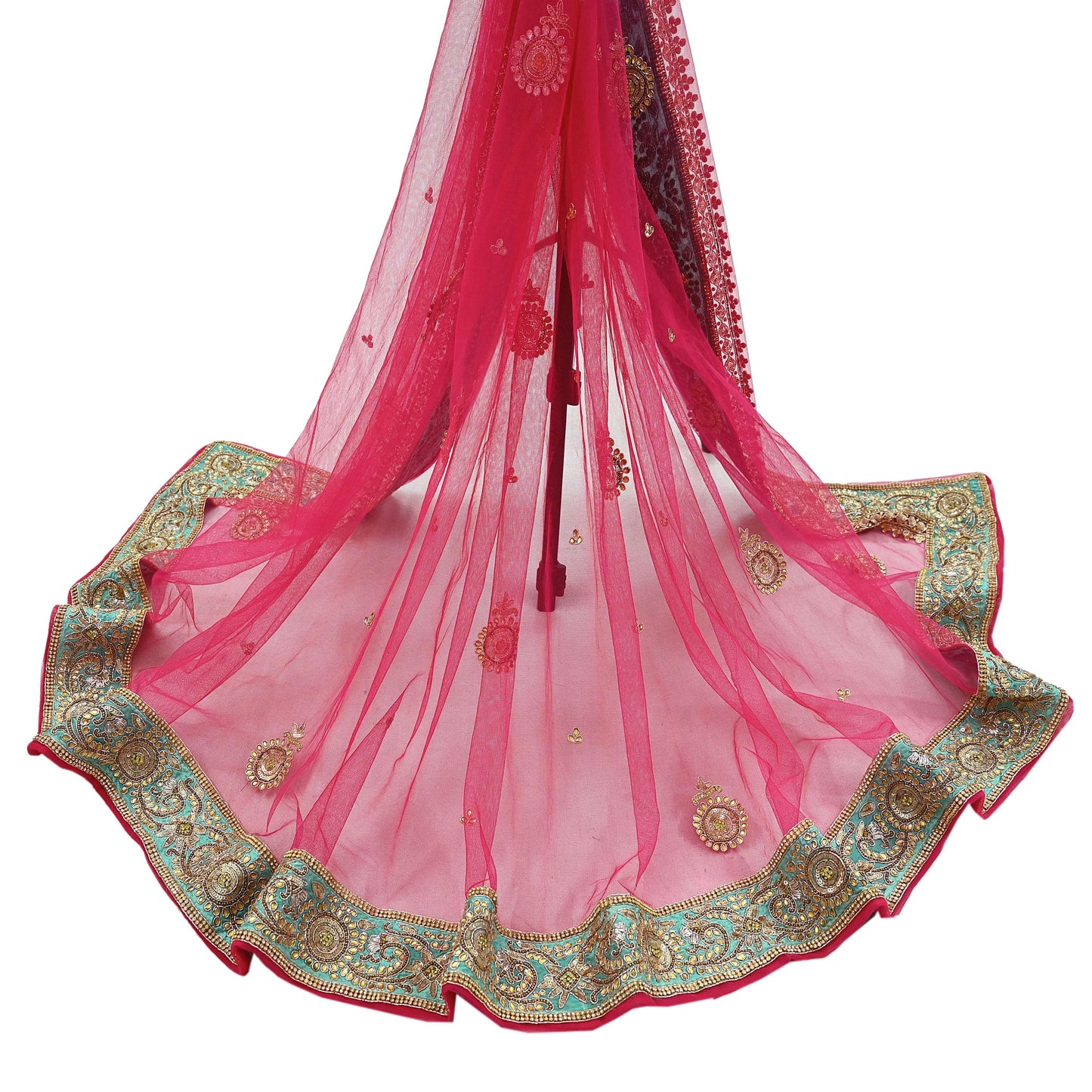 Indian Vintage Heavy Bridal Dupatta Pink Net Mesh Long Stole Hand Embroidered Scarves Silver Zardozi Dabka Zari Sequins Wedding Dupatta