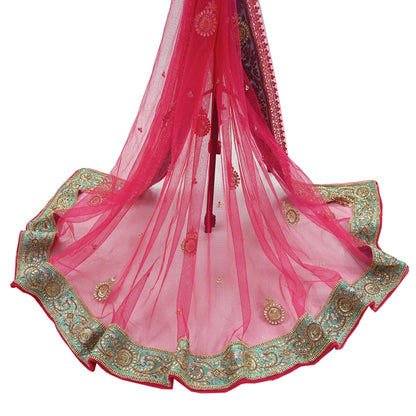 Indian Vintage Heavy Bridal Dupatta Pink Net Mesh Long Stole Hand Embroidered Scarves Silver Zardozi Dabka Zari Sequins Wedding Dupatta