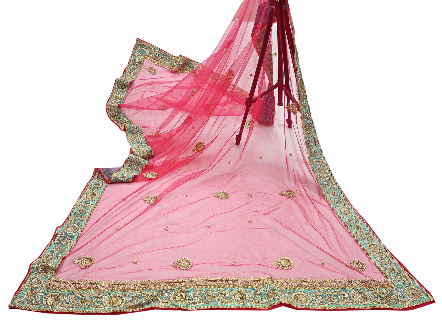 Indian Vintage Heavy Bridal Dupatta Pink Net Mesh Long Stole Hand Embroidered Scarves Silver Zardozi Dabka Zari Sequins Wedding Dupatta