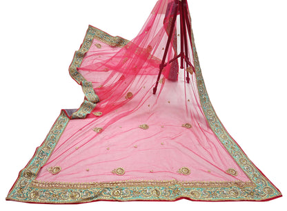 Indian Vintage Heavy Bridal Dupatta Pink Net Mesh Long Stole Hand Embroidered Scarves Silver Zardozi Dabka Zari Sequins Wedding Dupatta