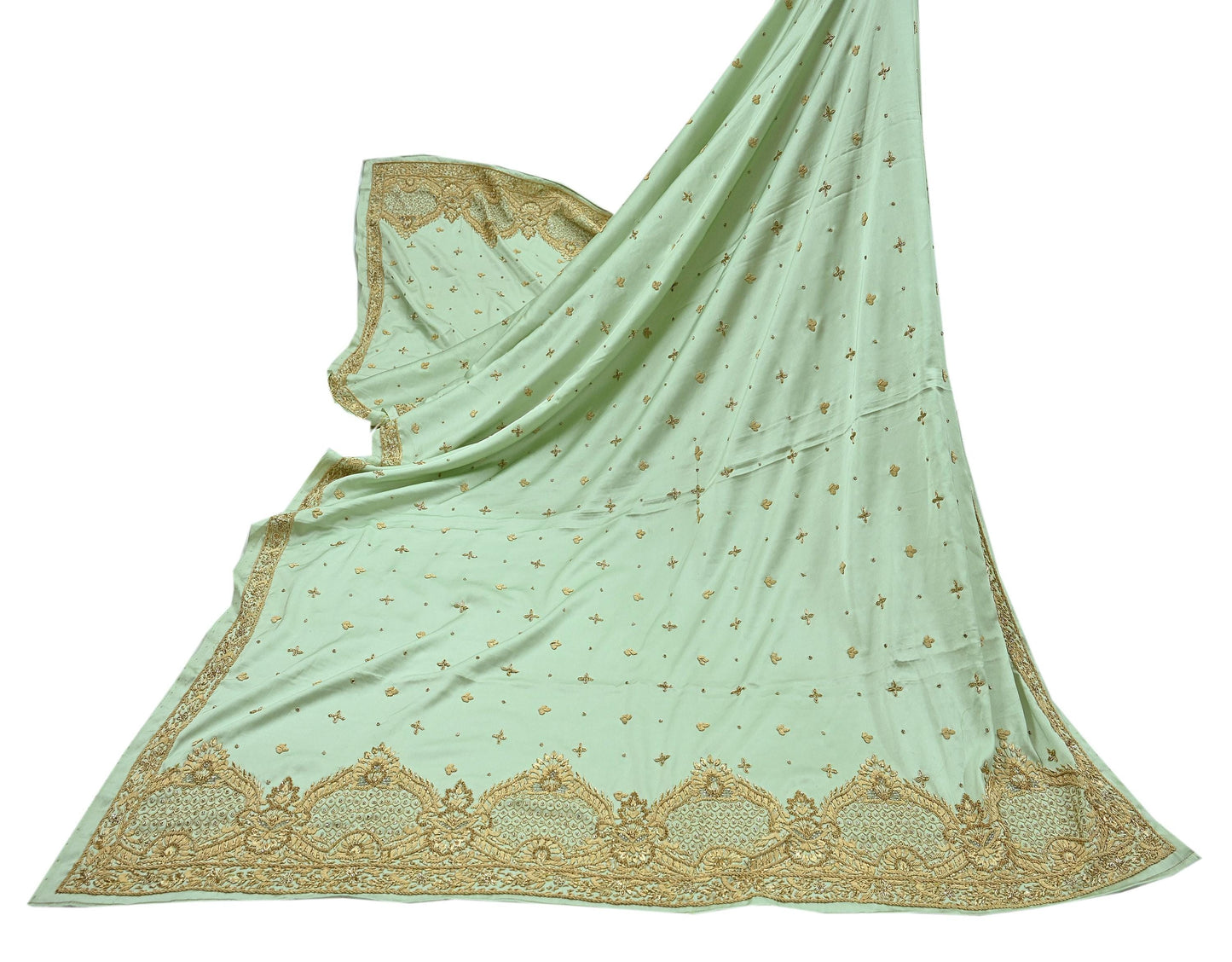Indian Vintage Heavy Wedding Green Dupatta Pure Satin Silk Long Stole Hand Embroidered Scarves Golden Zardozi Stole