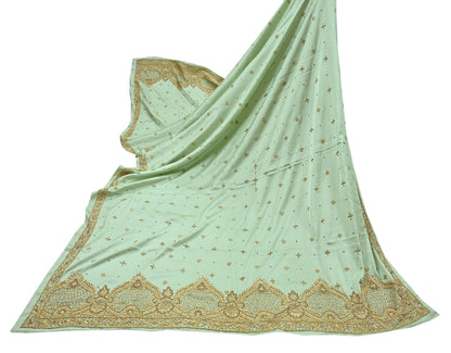 Indian Vintage Heavy Wedding Green Dupatta Pure Satin Silk Long Stole Hand Embroidered Scarves Golden Zardozi Stole