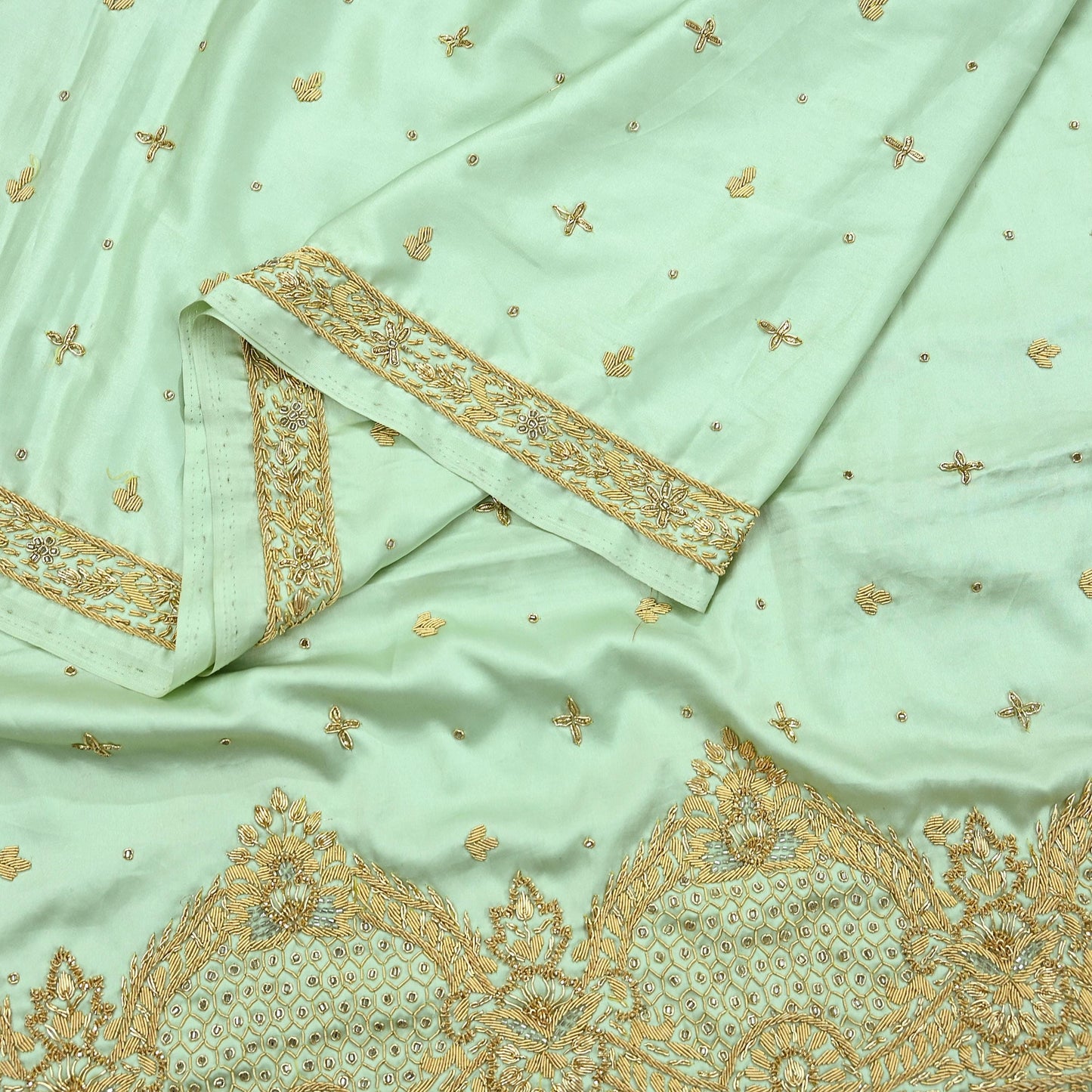 Indian Vintage Heavy Wedding Green Dupatta Pure Satin Silk Long Stole Hand Embroidered Scarves Golden Zardozi Stole
