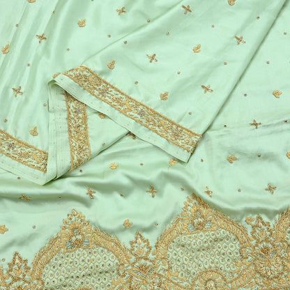 Indian Vintage Heavy Wedding Green Dupatta Pure Satin Silk Long Stole Hand Embroidered Scarves Golden Zardozi Stole