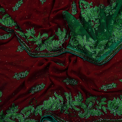 Indian Vintage Heavy Bridal Maroon Dupatta Pure Georgette Silk Long Stole Hand Embroidered Scarf Wedding Hijab veil Boho