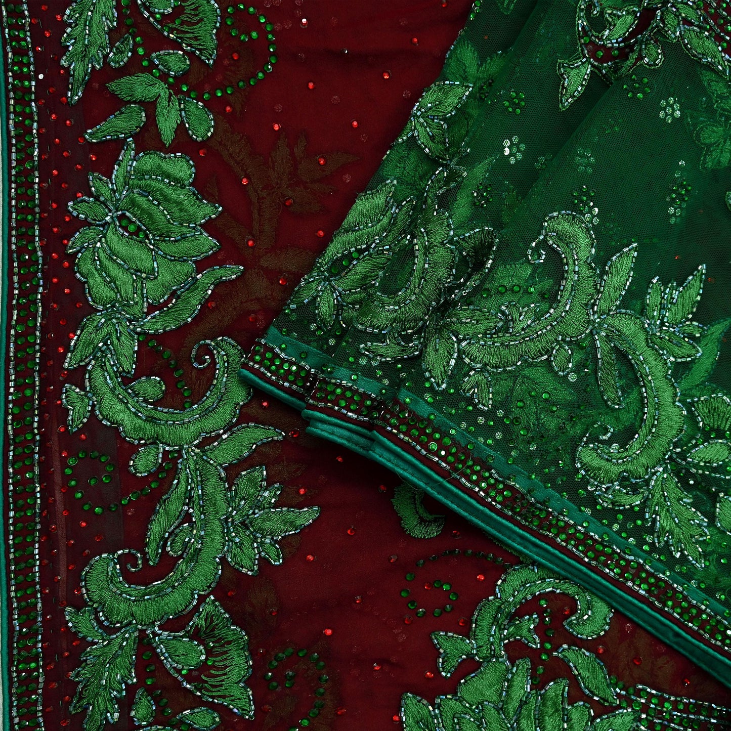 Indian Vintage Heavy Bridal Maroon Dupatta Pure Georgette Silk Long Stole Hand Embroidered Scarf Wedding Hijab veil Boho