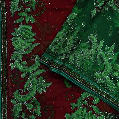 Indian Vintage Heavy Bridal Maroon Dupatta Pure Georgette Silk Long Stole Hand Embroidered Scarf Wedding Hijab veil Boho