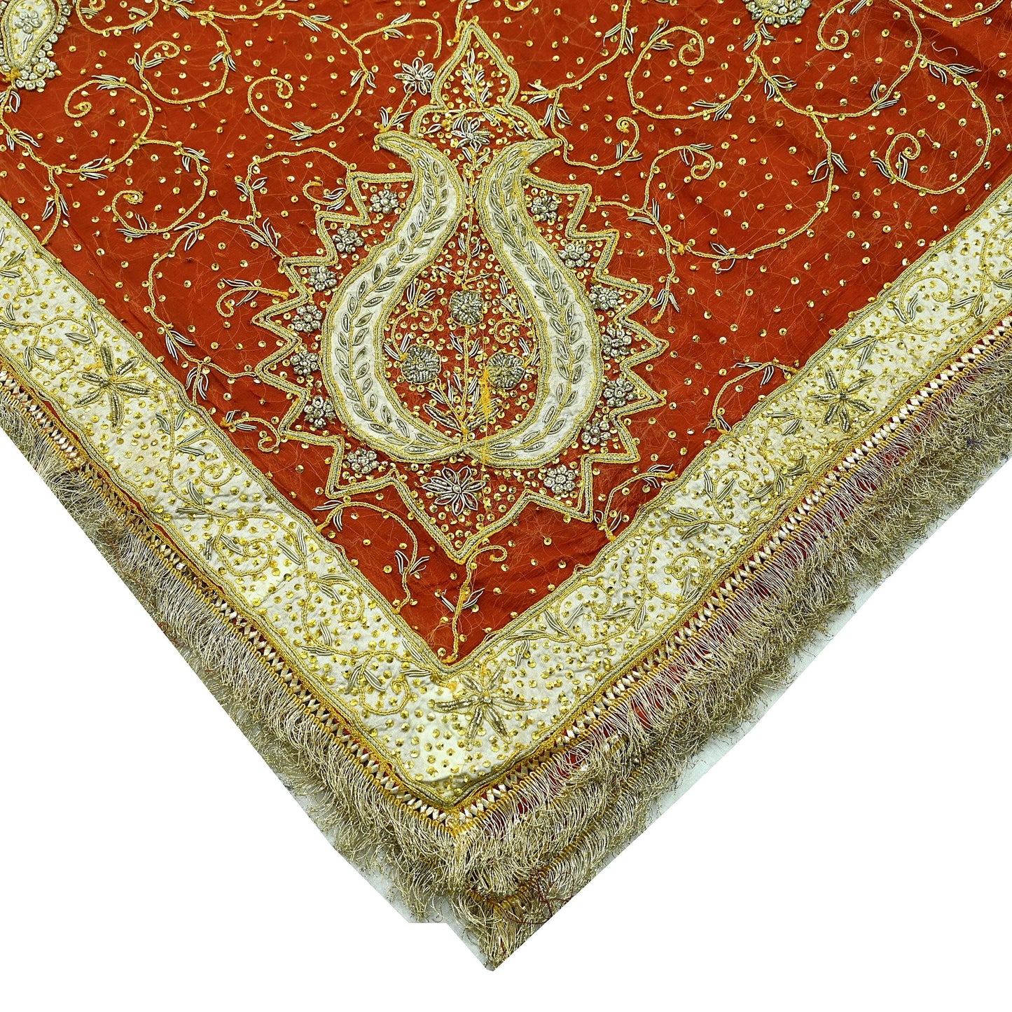 Indian Vintage Heavy Bridal Dupatta Orange Pure Chiffon Silk Long Stole Hand Embroidered Hijab Scarf Zardozi/Dabka Zari 1980s Wedding