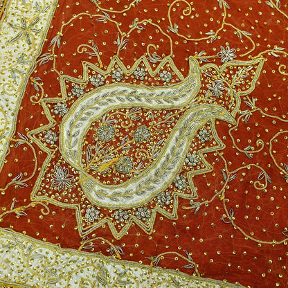 Indian Vintage Heavy Bridal Dupatta Orange Pure Chiffon Silk Long Stole Hand Embroidered Hijab Scarf Zardozi/Dabka Zari 1980s Wedding