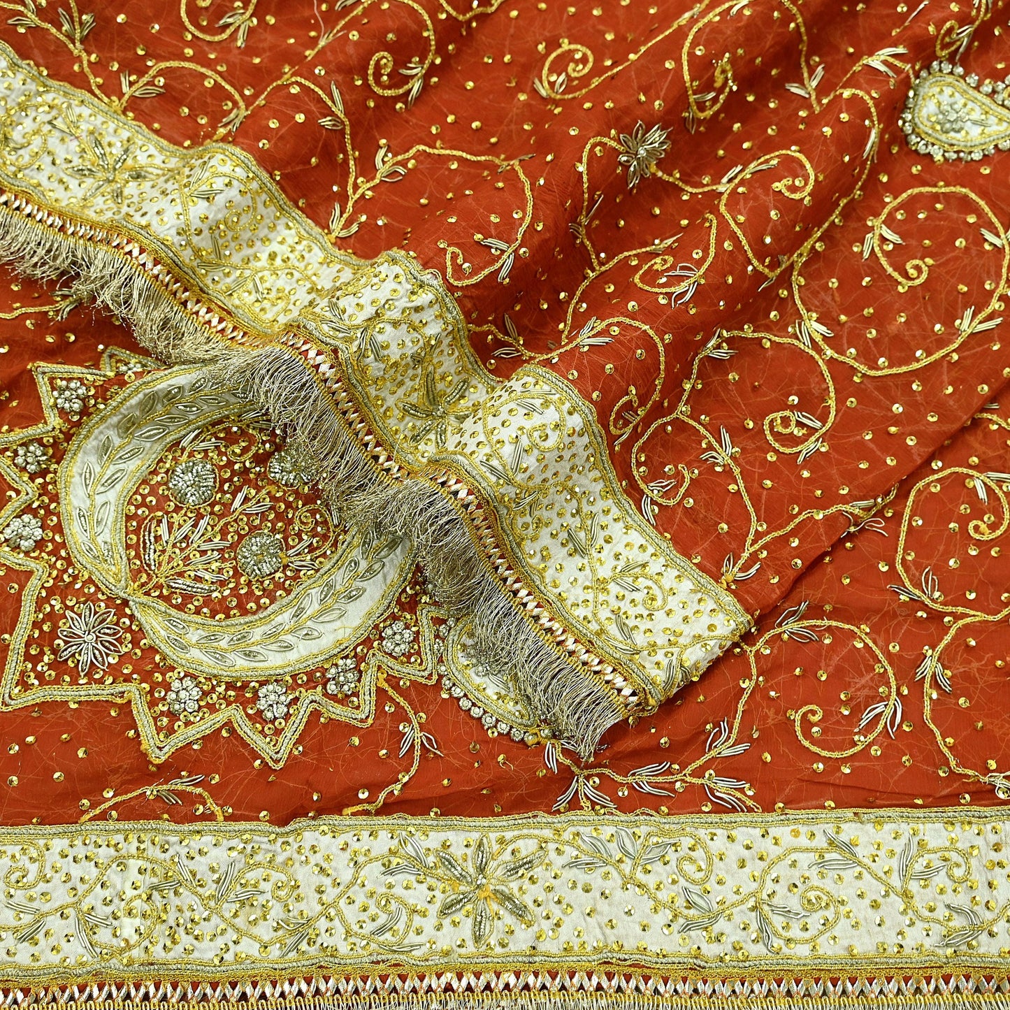 Indian Vintage Heavy Bridal Dupatta Orange Pure Chiffon Silk Long Stole Hand Embroidered Hijab Scarf Zardozi/Dabka Zari 1980s Wedding