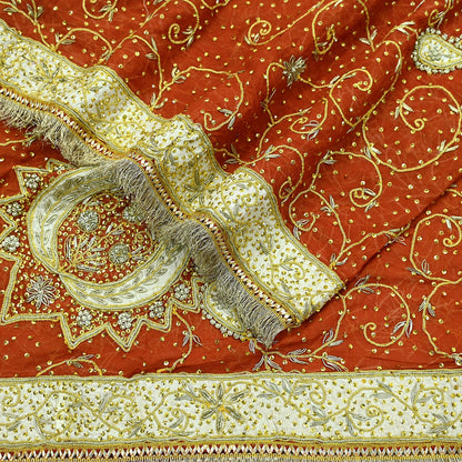 Indian Vintage Heavy Bridal Dupatta Orange Pure Chiffon Silk Long Stole Hand Embroidered Hijab Scarf Zardozi/Dabka Zari 1980s Wedding