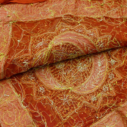 Indian Vintage Heavy Bridal Dupatta Orange Pure Chiffon Silk Long Stole Hand Embroidered Hijab Scarf Zardozi/Dabka Zari 1980s Wedding