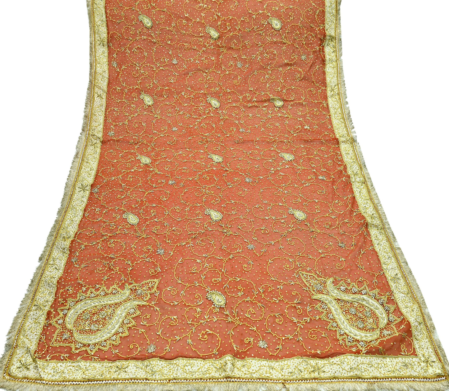 Indian Vintage Heavy Bridal Dupatta Orange Pure Chiffon Silk Long Stole Hand Embroidered Hijab Scarf Zardozi/Dabka Zari 1980s Wedding