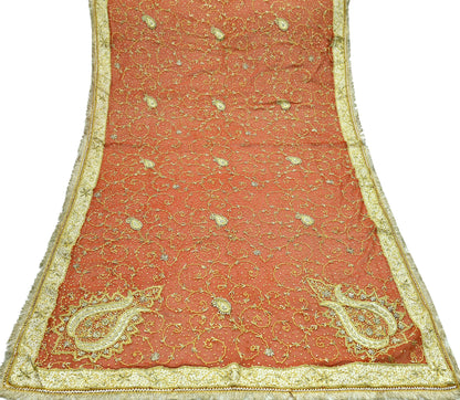 Indian Vintage Heavy Bridal Dupatta Orange Pure Chiffon Silk Long Stole Hand Embroidered Hijab Scarf Zardozi/Dabka Zari 1980s Wedding