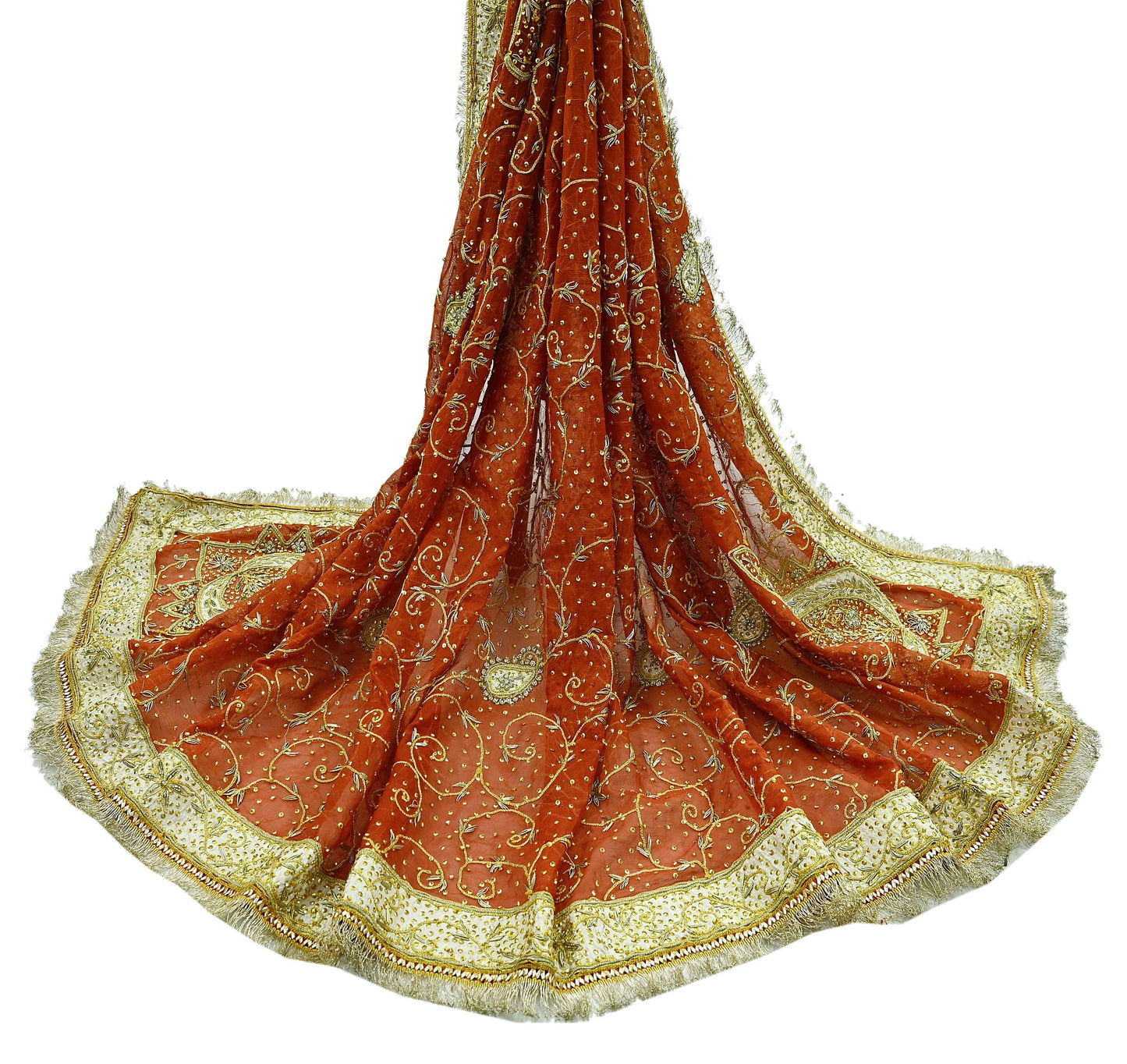 Indian Vintage Heavy Bridal Dupatta Orange Pure Chiffon Silk Long Stole Hand Embroidered Hijab Scarf Zardozi/Dabka Zari 1980s Wedding