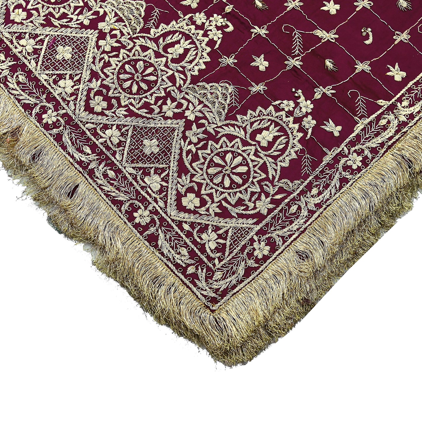 Indian Vintage Heavy Wedding Wine Dupatta Pure Satin Silk Long Stole Hand Embroidered Scarves Golden Zardozi Stole Fringes Bridal veil
