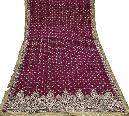 Indian Vintage Heavy Wedding Wine Dupatta Pure Satin Silk Long Stole Hand Embroidered Scarves Golden Zardozi Stole Fringes Bridal veil