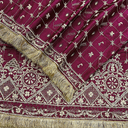 Indian Vintage Heavy Wedding Wine Dupatta Pure Satin Silk Long Stole Hand Embroidered Scarves Golden Zardozi Stole Fringes Bridal veil