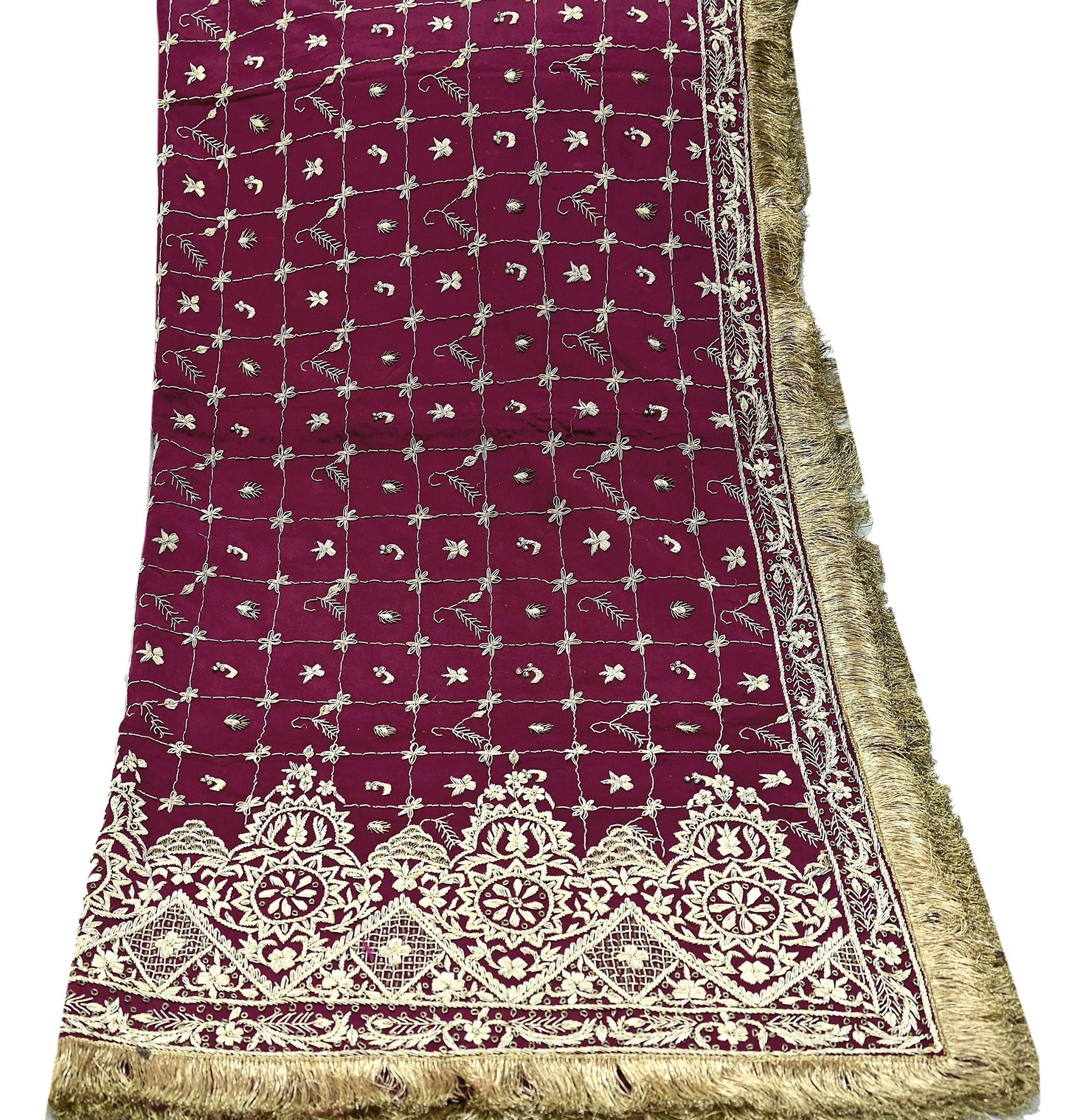 Indian Vintage Heavy Wedding Wine Dupatta Pure Satin Silk Long Stole Hand Embroidered Scarves Golden Zardozi Stole Fringes Bridal veil