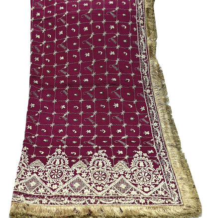 Indian Vintage Heavy Wedding Wine Dupatta Pure Satin Silk Long Stole Hand Embroidered Scarves Golden Zardozi Stole Fringes Bridal veil