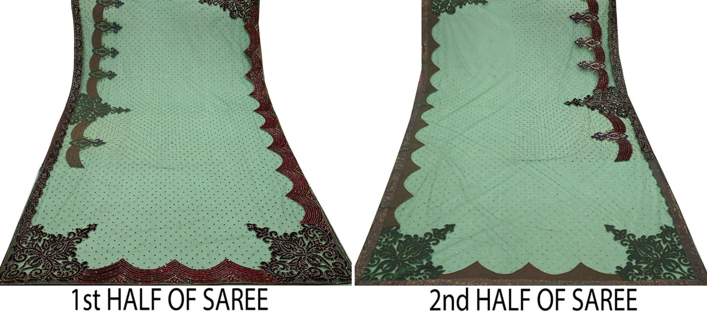Indian Vintage Heavy Sari Green Net/Mesh Hand Embroidered Sarees Craft Fabric 6Yd Sewing Soft Zardozi Wedding sarees With Blouse fabric