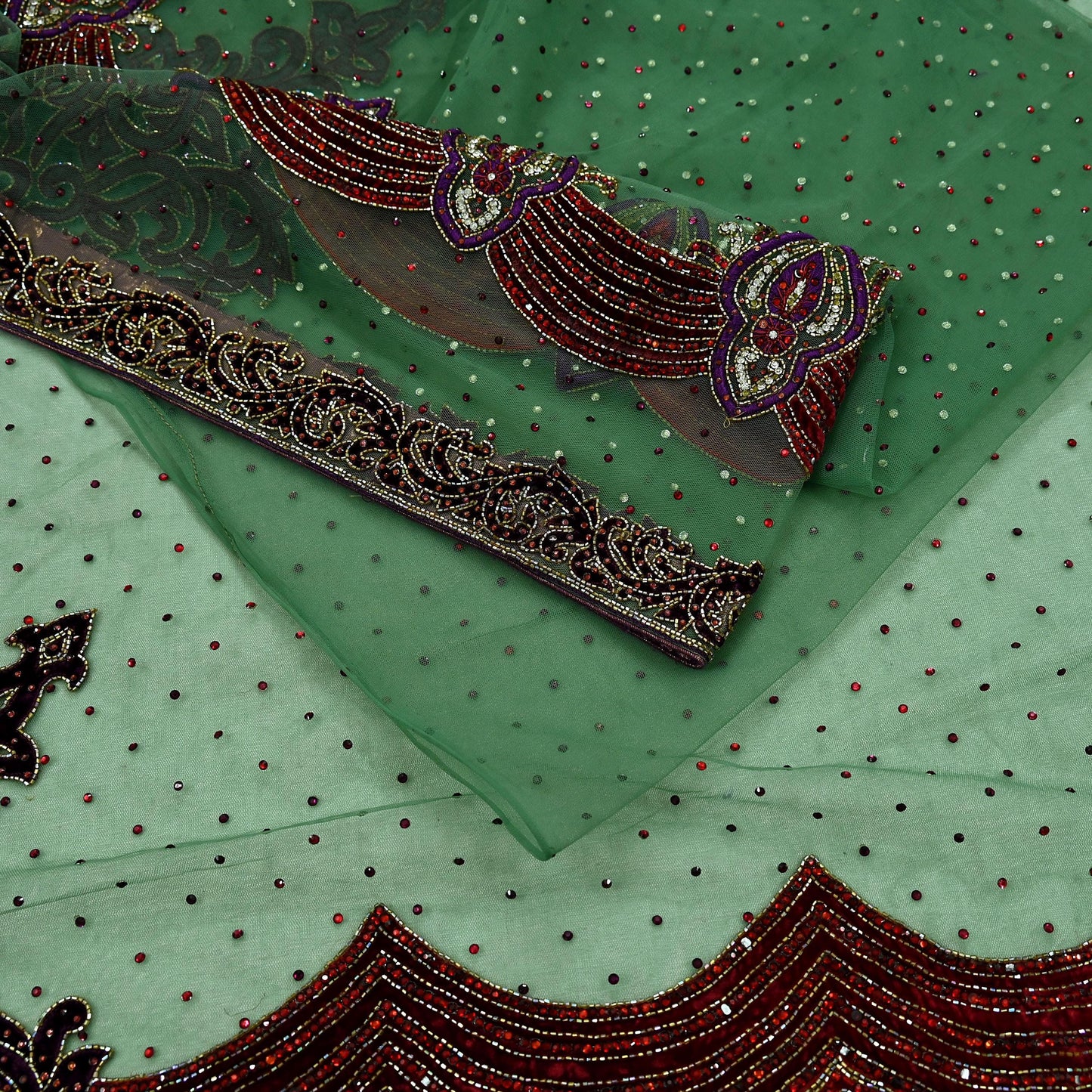 Indian Vintage Heavy Sari Green Net/Mesh Hand Embroidered Sarees Craft Fabric 6Yd Sewing Soft Zardozi Wedding sarees With Blouse fabric