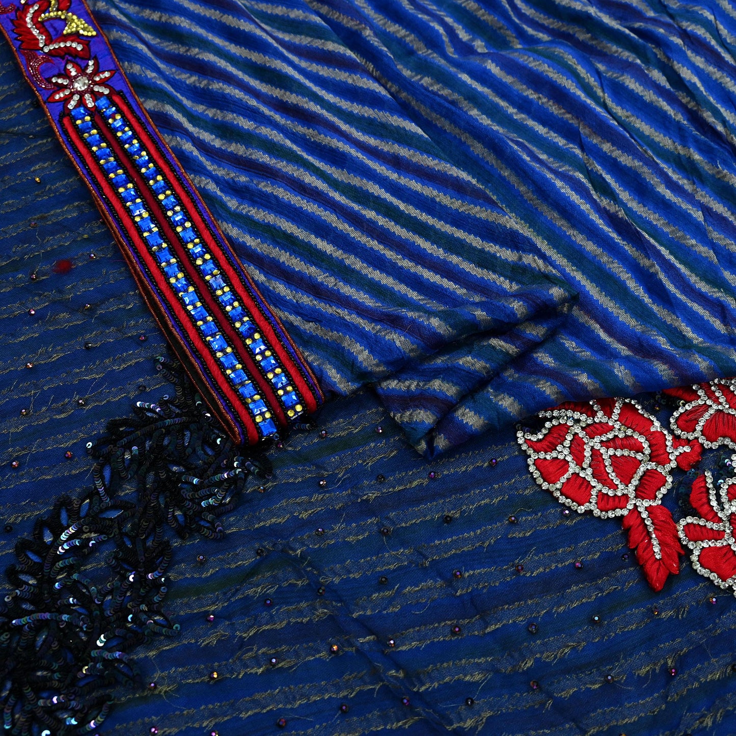 Indian Vintage Sari Black & Blue Pure Georgette Silk NetHand Beaded Sarees Fabric 6Yd Sewing Ethnic With Matching Unstitched Blouse Fabric