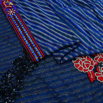 Indian Vintage Sari Black & Blue Pure Georgette Silk NetHand Beaded Sarees Fabric 6Yd Sewing Ethnic With Matching Unstitched Blouse Fabric