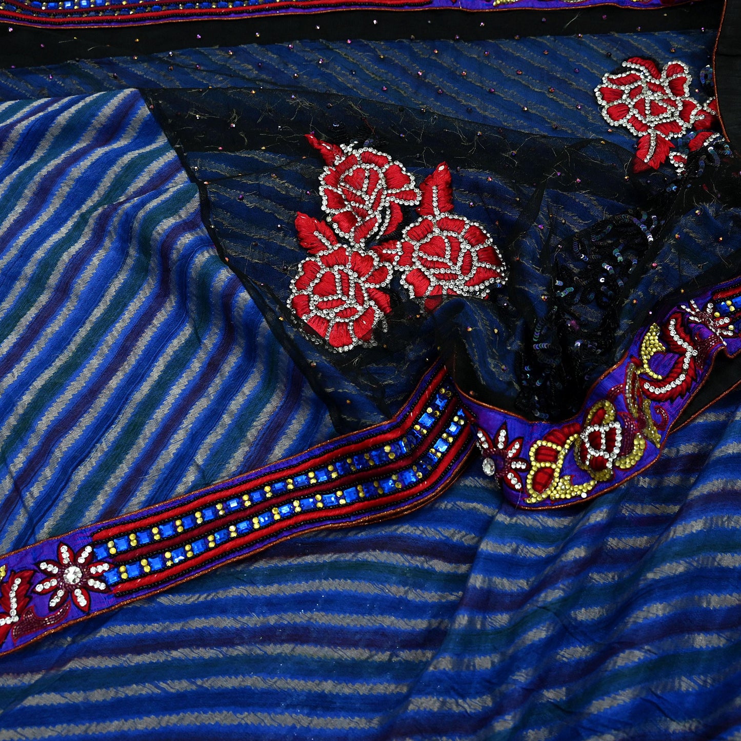 Indian Vintage Sari Black & Blue Pure Georgette Silk NetHand Beaded Sarees Fabric 6Yd Sewing Ethnic With Matching Unstitched Blouse Fabric