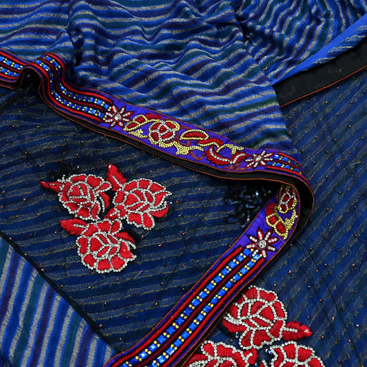 Indian Vintage Sari Black & Blue Pure Georgette Silk NetHand Beaded Sarees Fabric 6Yd Sewing Ethnic With Matching Unstitched Blouse Fabric