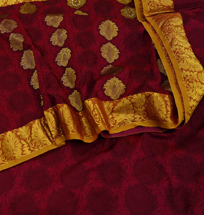 Indian Vintage Heavy Saree Maroon & Saffron Hand Woven Kanjivaram 100% Pure Silk Sari Craft Fabric 5Yd Ethnic Zari Floral