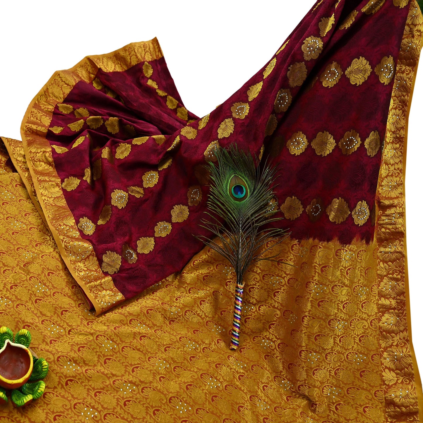 Indian Vintage Heavy Saree Maroon & Saffron Hand Woven Kanjivaram 100% Pure Silk Sari Craft Fabric 5Yd Ethnic Zari Floral