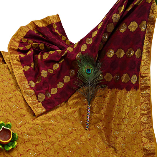 Indian Vintage Heavy Saree Maroon & Saffron Hand Woven Kanjivaram 100% Pure Silk Sari Craft Fabric 5Yd Ethnic Zari Floral