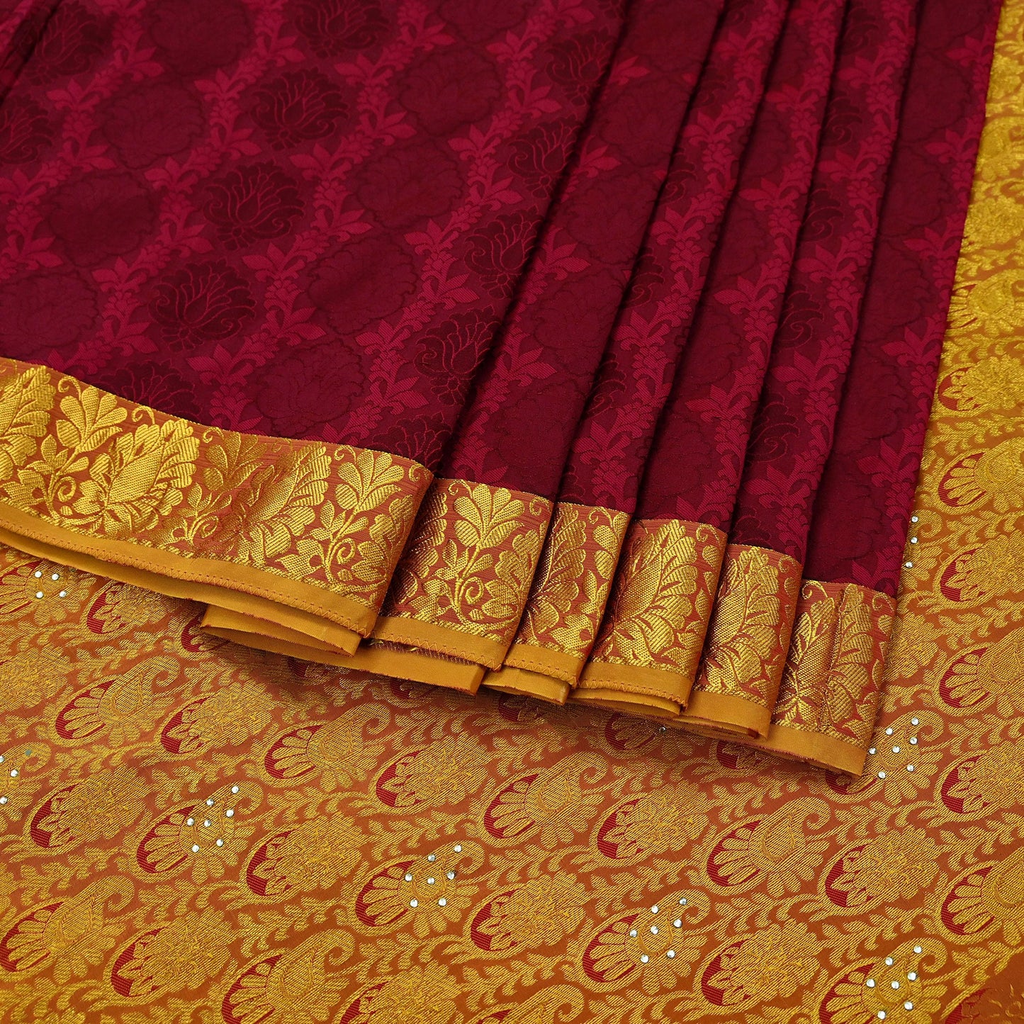 Indian Vintage Heavy Saree Maroon & Saffron Hand Woven Kanjivaram 100% Pure Silk Sari Craft Fabric 5Yd Ethnic Zari Floral