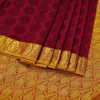Indian Vintage Heavy Saree Maroon & Saffron Hand Woven Kanjivaram 100% Pure Silk Sari Craft Fabric 5Yd Ethnic Zari Floral
