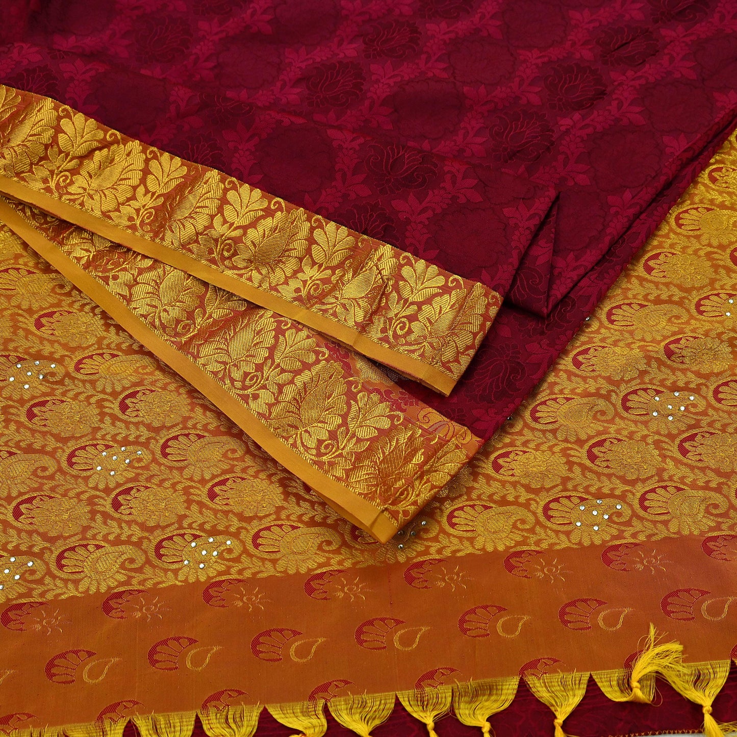 Indian Vintage Heavy Saree Maroon & Saffron Hand Woven Kanjivaram 100% Pure Silk Sari Craft Fabric 5Yd Ethnic Zari Floral